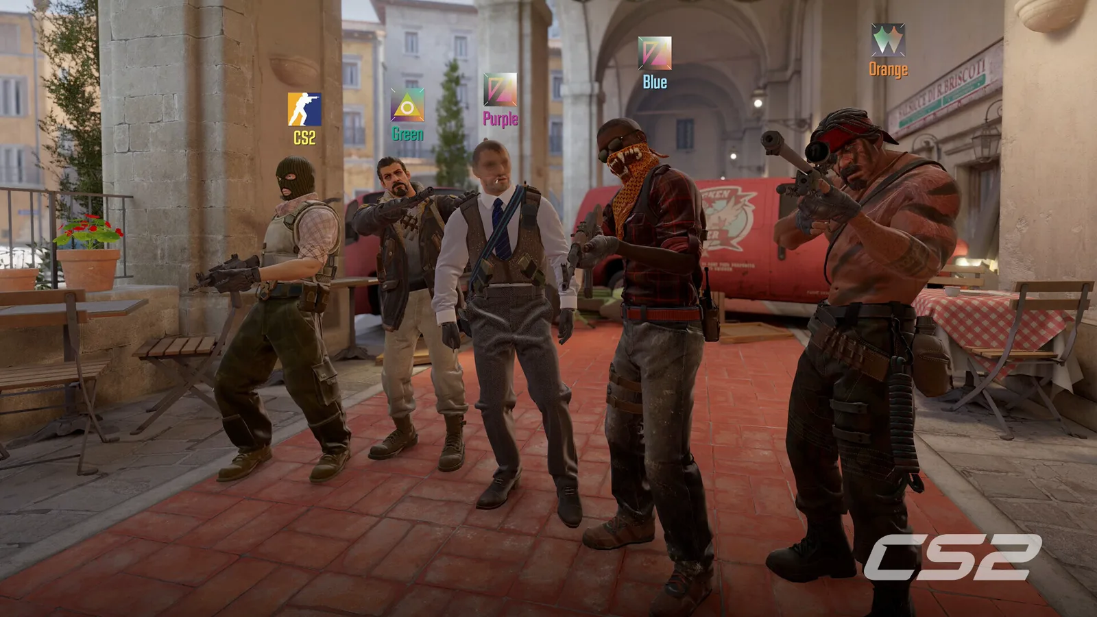 Five Counter-Strike 2 characters stand in a line with weapons raised in a sunlit Italian-style arcade.
