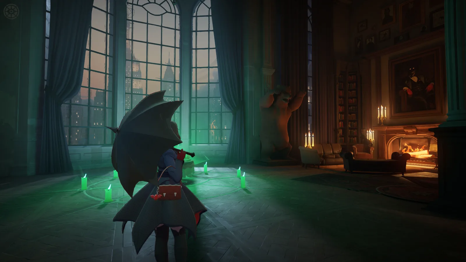 A character with a bat-wing umbrella stands in a dim library with green candles, a bear statue and a lit fireplace.