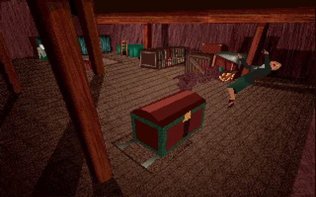 A dim attic room in Alone in the Dark (1992) with a chest, bookshelves and the character caught mid-motion.