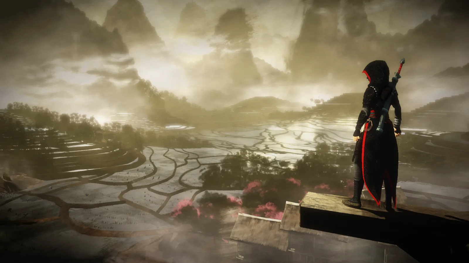Shao Jun, a hooded assassin with a sword on her back, stands on a roof edge above misty rice terraces in Chronicles: China