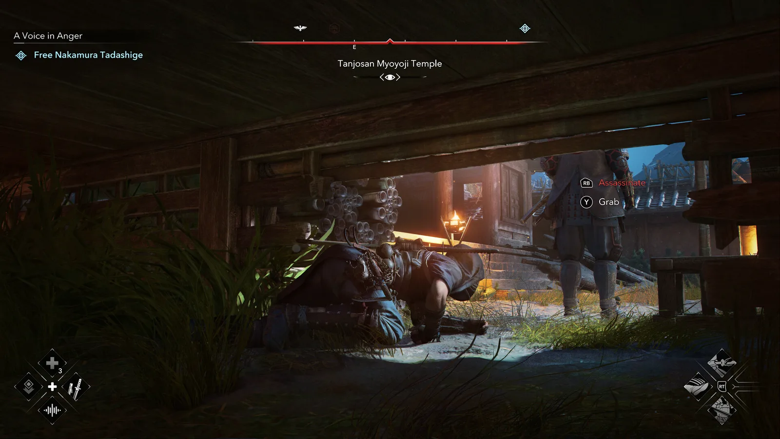 A shinobi crawls under a wooden platform at night while a guard stands nearby in Assassin's Creed Shadows