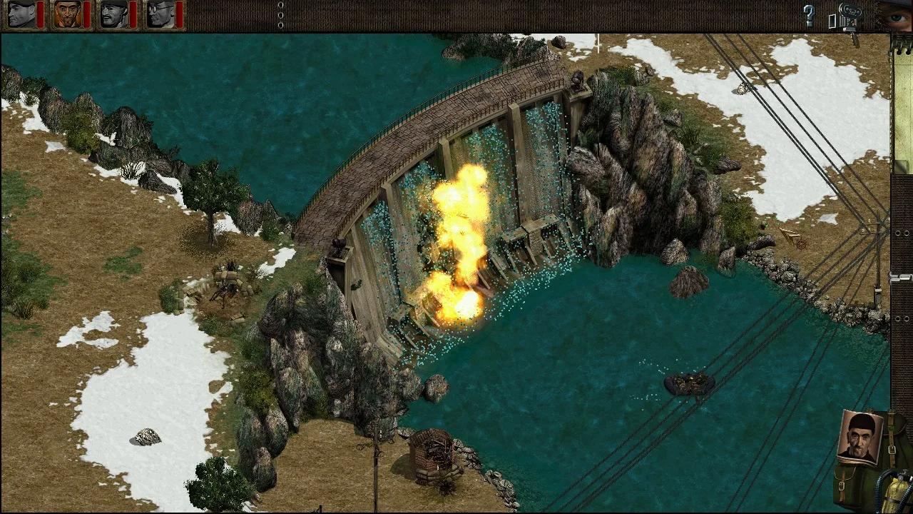 Isometric view of a snowy dam with an explosion at its spillway in Commandos: Behind Enemy Lines, four portraits on top