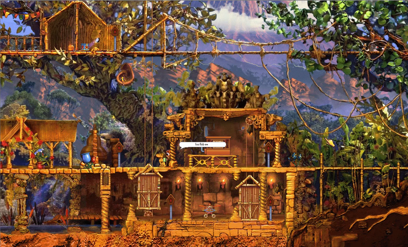 The island of Albia in Creatures, with wooden huts and a temple built around a giant tree