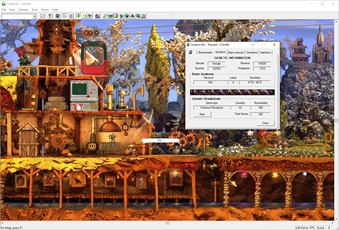 The Science Kit window for a Norn named Camille, open on its genetics tab with 268 genes