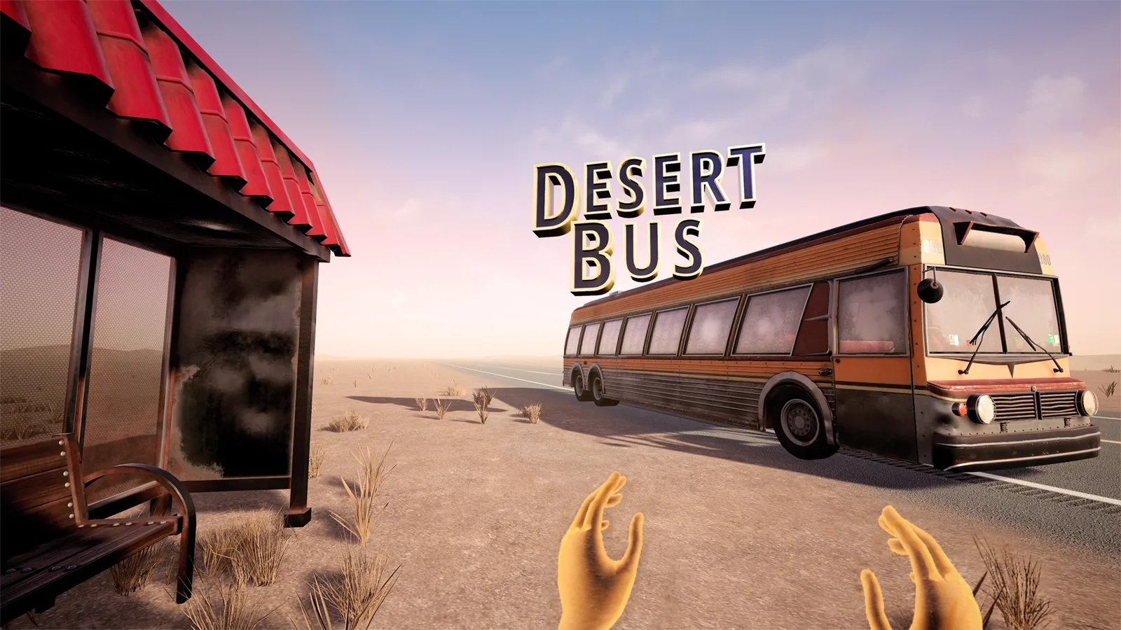The Desert Bus VR title above an orange bus parked by a roadside shelter in the desert