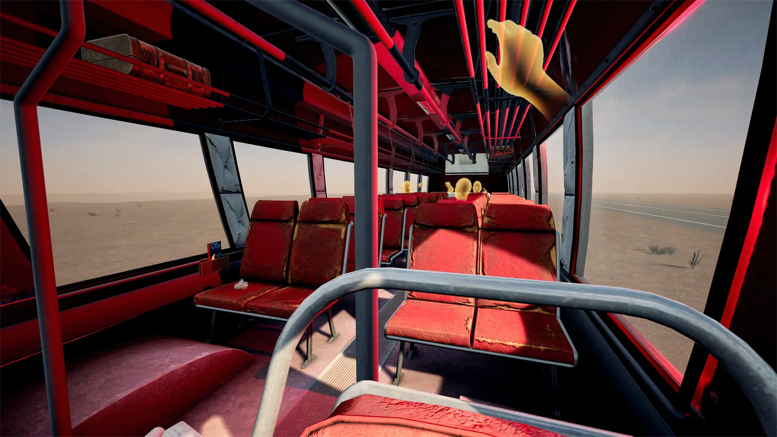 Inside the bus in Desert Bus VR: rows of worn red seats, luggage racks and a desert road through the windows