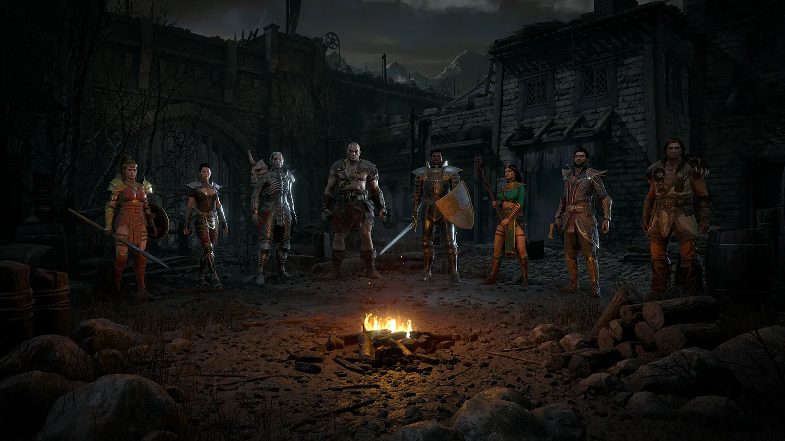 Eight Diablo II: Resurrected heroes standing around a campfire in a ruined, dark town square.