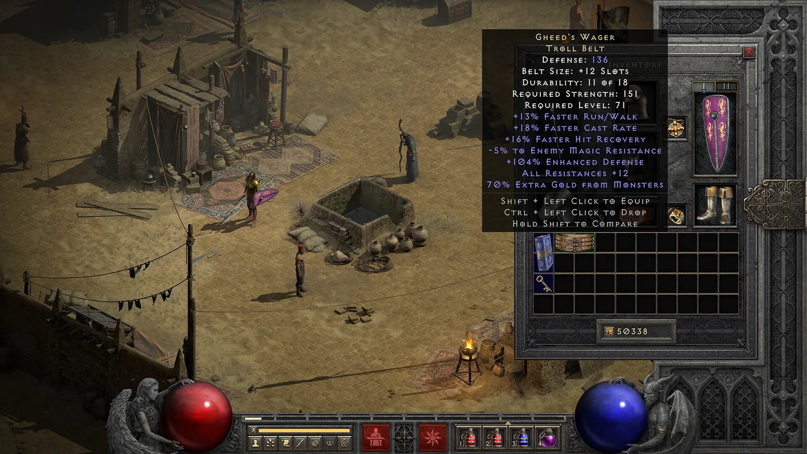 Diablo II: Resurrected town square with the inventory open and an item tooltip showing a Troll Belt.