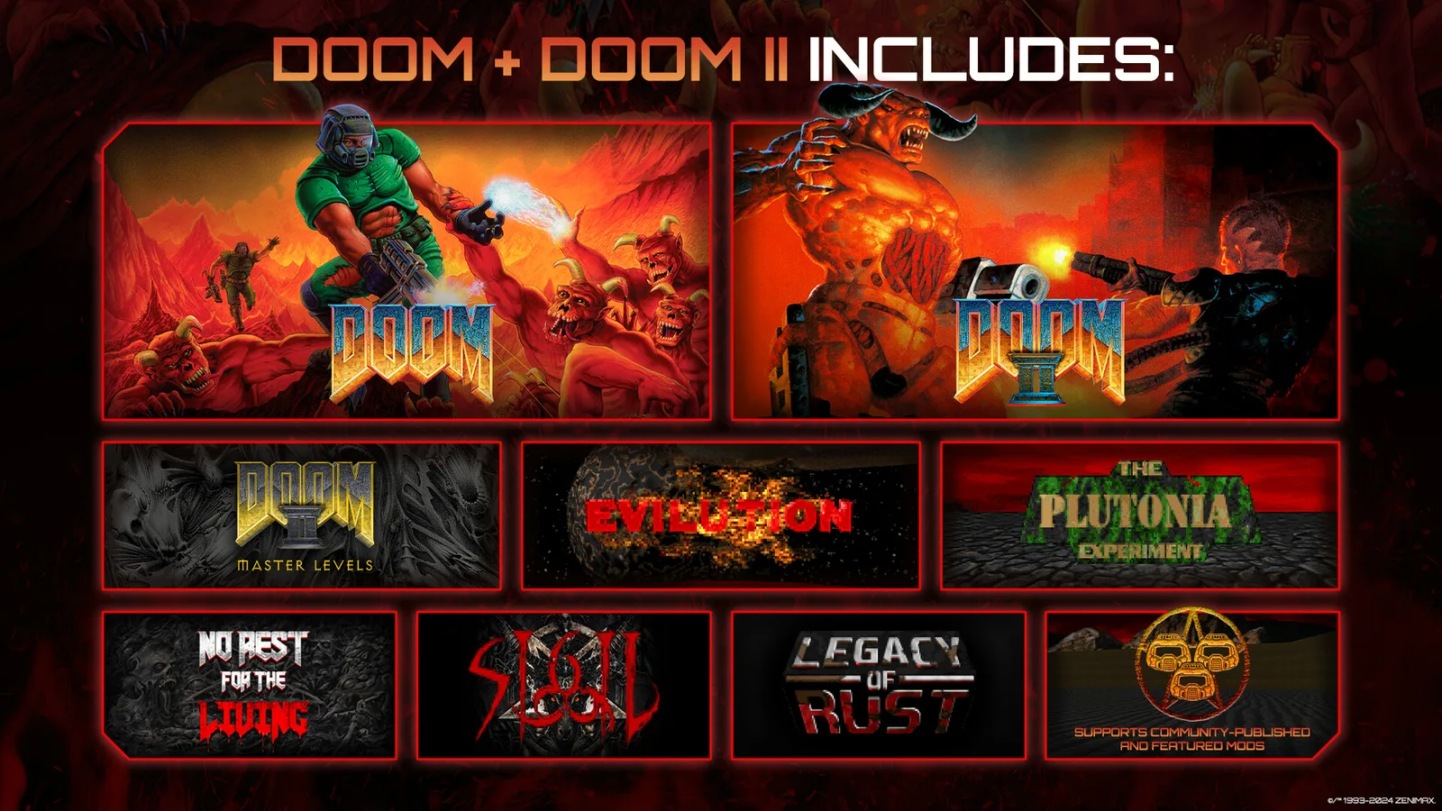 Promotional graphic listing what DOOM + DOOM II includes: both games, Master Levels, Plutonia, Sigil and Legacy of Rust