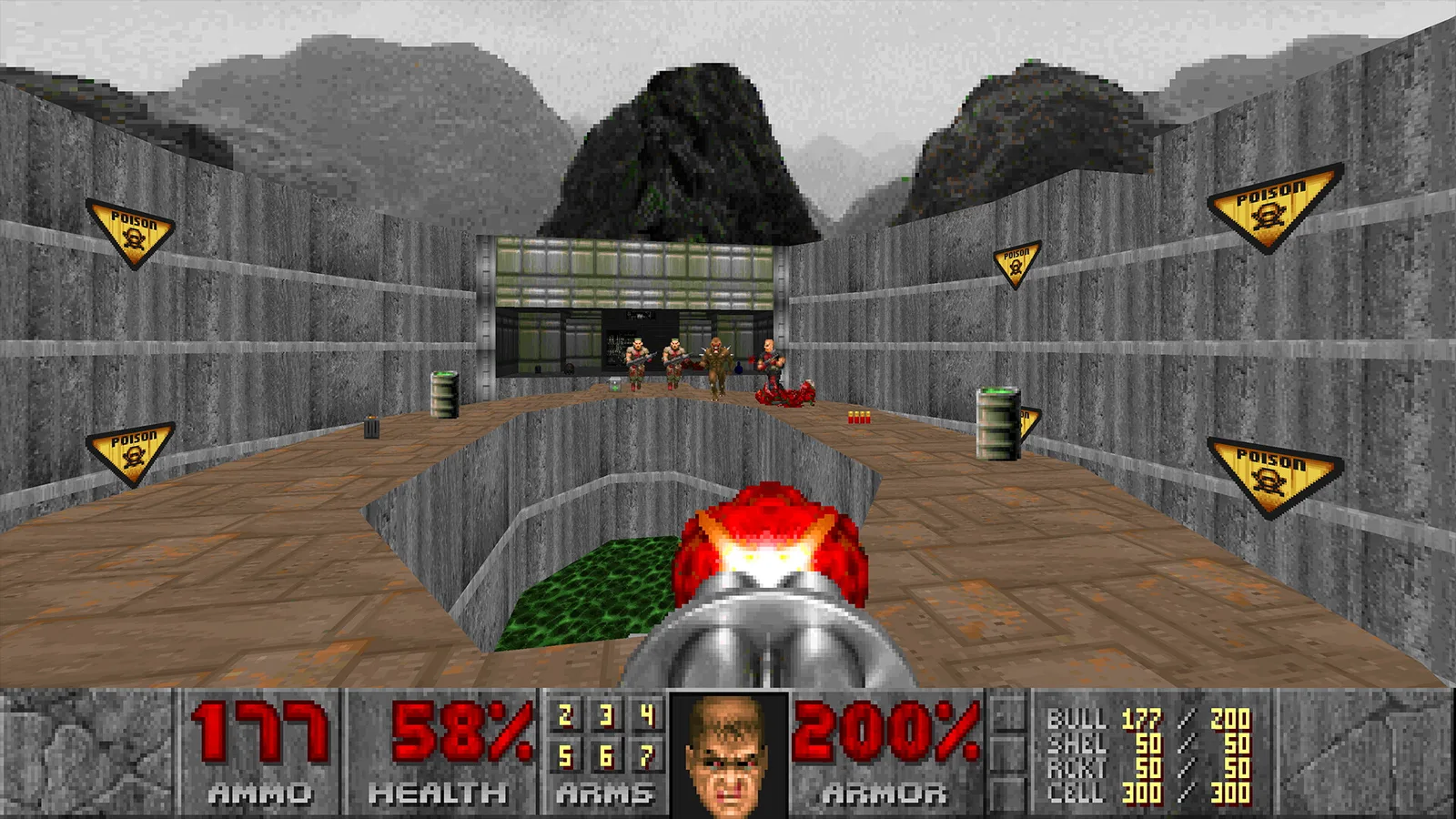 Doom gameplay: a walled courtyard with poison signs, four enemies in the distance and a chaingun firing in the foreground