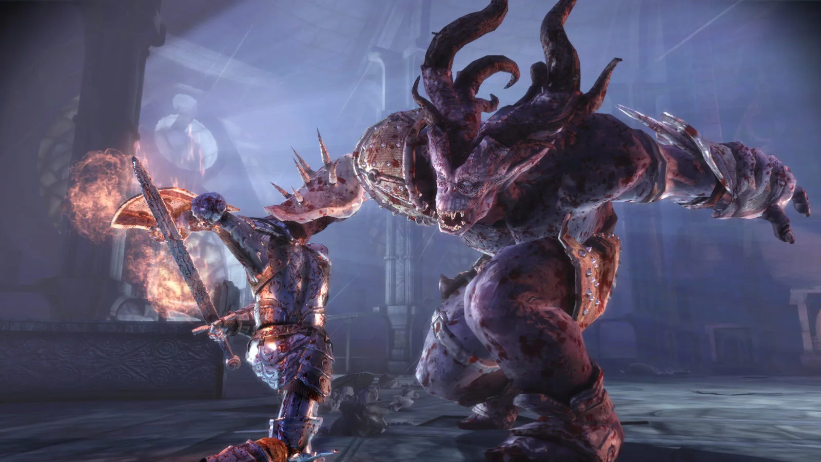 An armored warrior with a sword faces a huge horned monster in a stone hall in Dragon Age: Origins