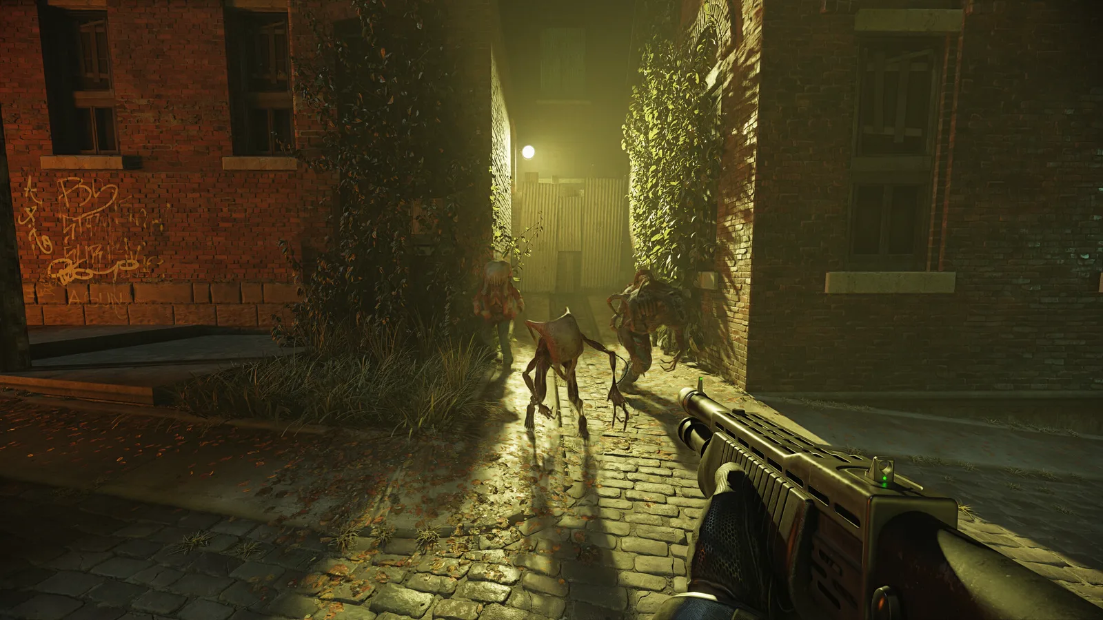 First-person view of a shotgun aimed at headcrabs and a zombie in a lamplit brick alley at night