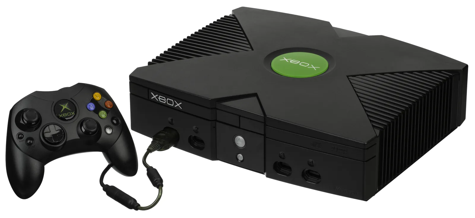 The original black and green Xbox console with its controller S pad