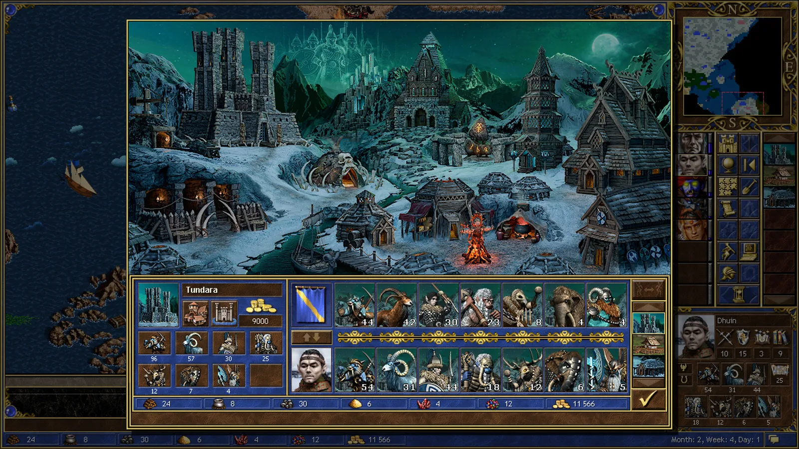 Horn of the Abyss town screen of a snowy northern town at night, with timber halls, stone towers and a green aurora.