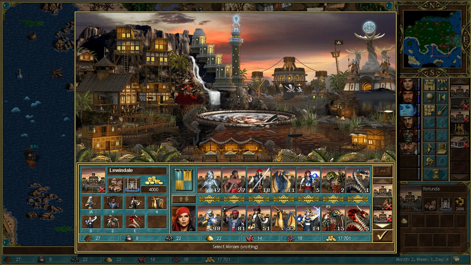 Horn of the Abyss town screen of a pirate harbor at sunset, with a lighthouse, wooden houses and black-flagged ships.