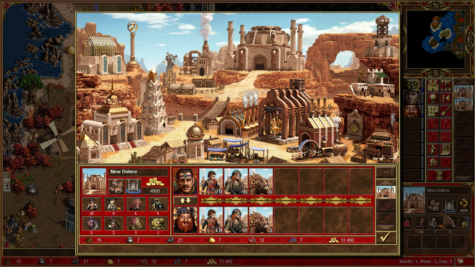 Horn of the Abyss town screen of a desert canyon town with smoking brick factories, a steam engine and market stalls.