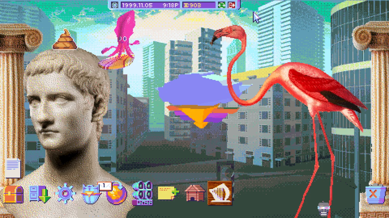 A HypnOS desktop with a marble bust, a flamingo and a pink squid over a city street, with icons along the bottom.