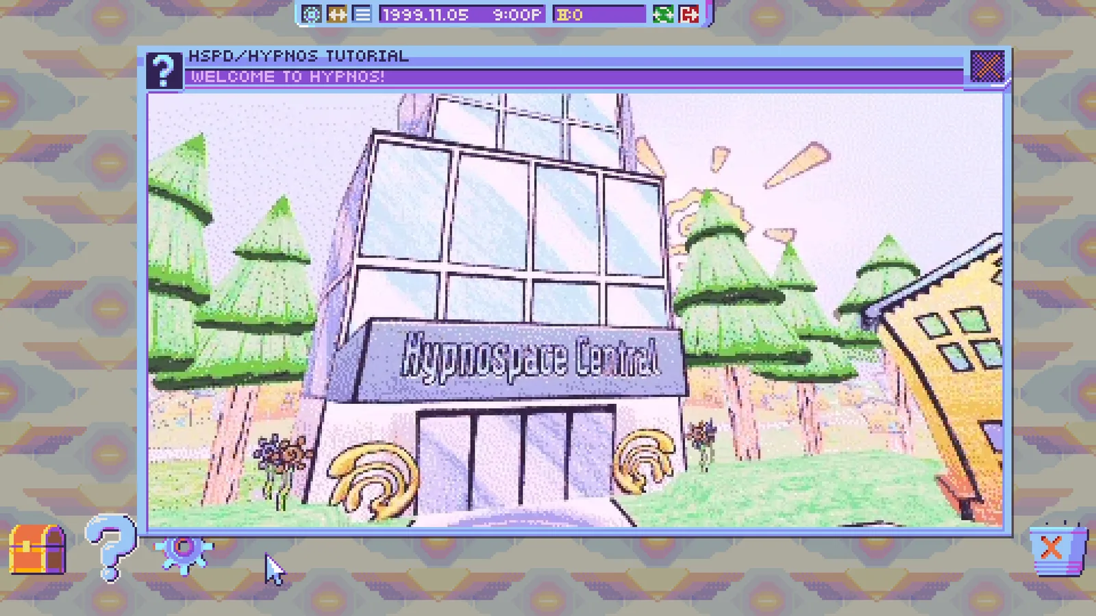 A tutorial window showing the Hypnospace Central building among pine trees, drawn in a pixelated 1990s style.