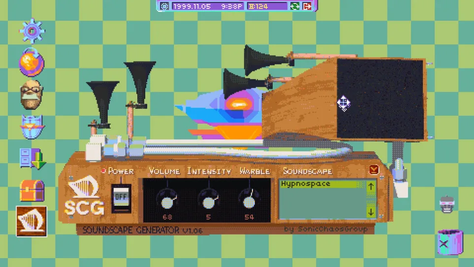 The Soundscape Generator, a wooden console with horns and dials, on a green checkered desktop.