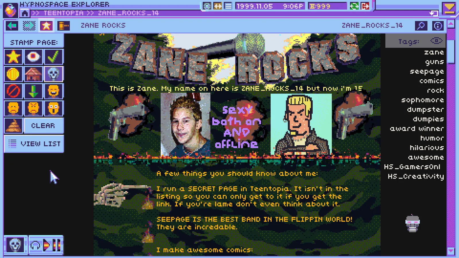 The Zane Rocks fan page in Hypnospace Explorer, with a photo, a cartoon portrait and a tag list on the right.