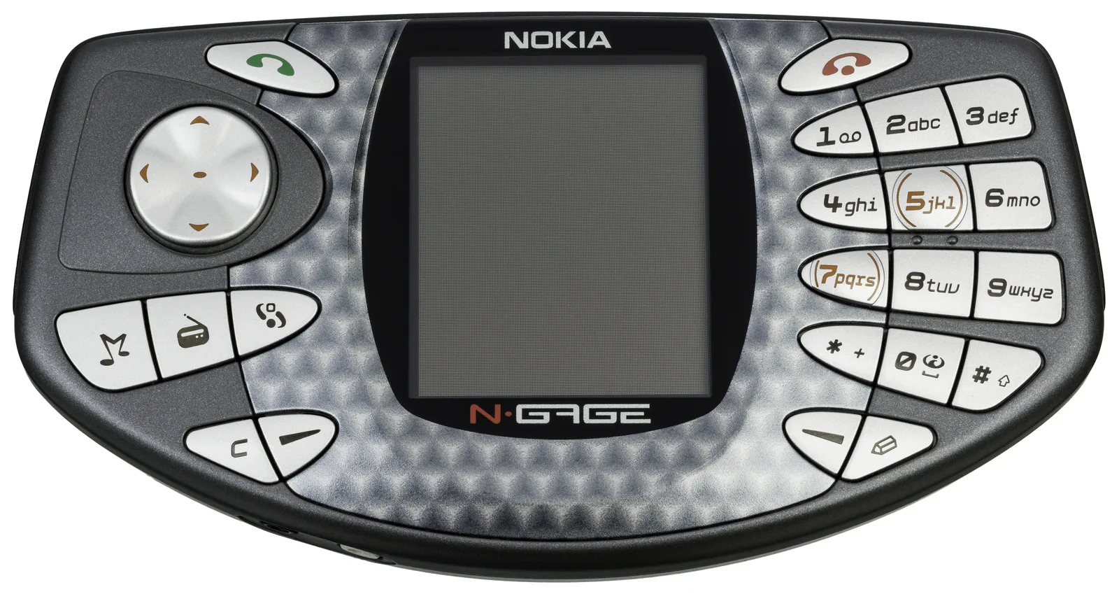 Front of the original Nokia N-Gage with its portrait screen, d-pad on the left and number keys on the right