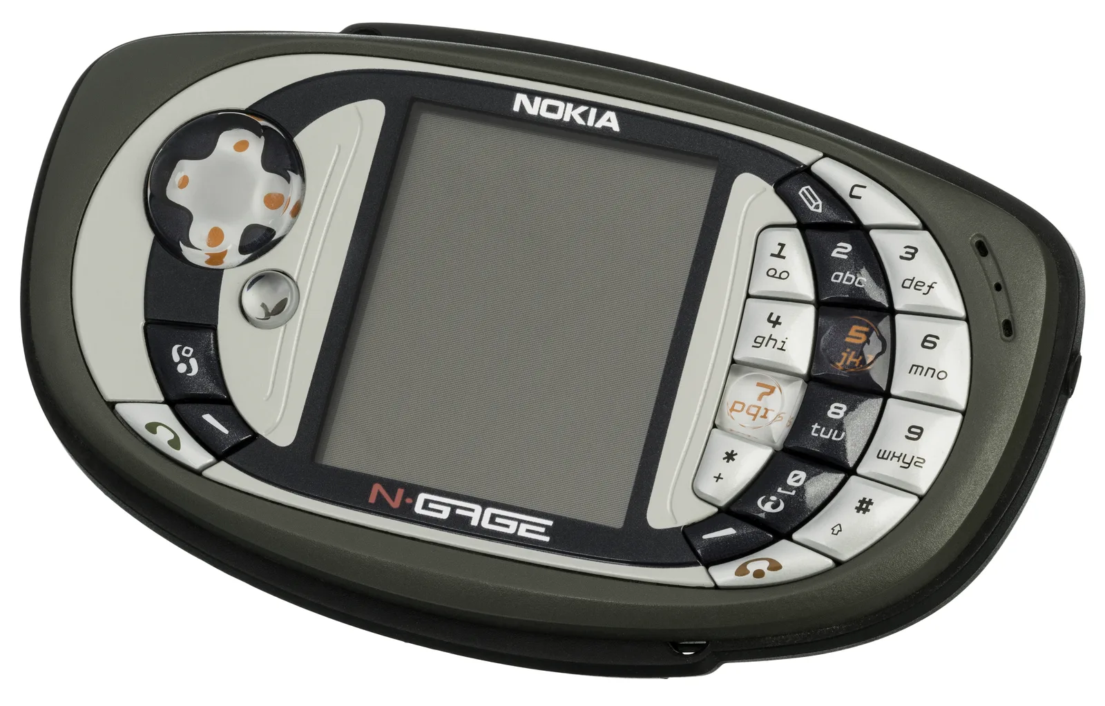 The Nokia N-Gage QD, a smaller, rounder model in dark green with a round d-pad and curved number keys