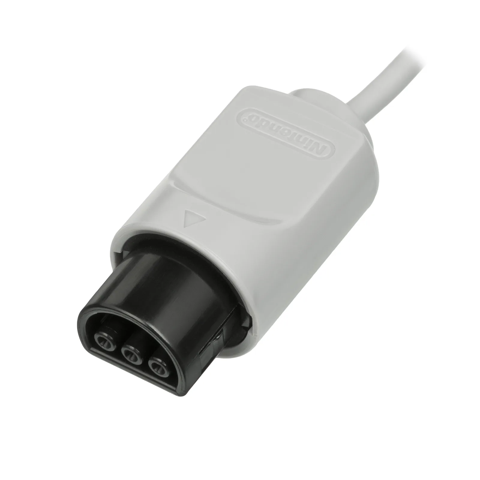 Close-up of a gray Nintendo 64 controller plug with its three-pin connector