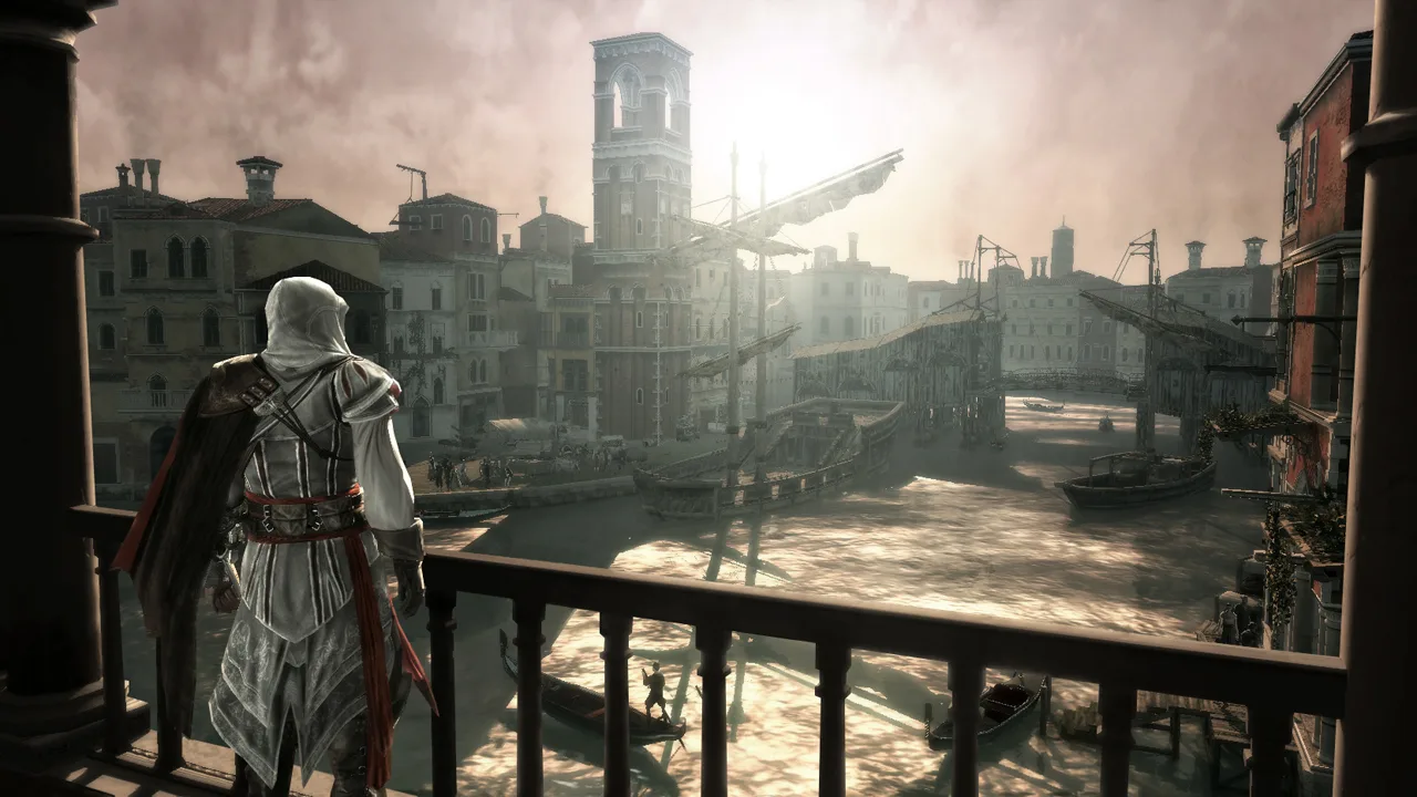 Ezio in white robes looks over a Venetian canal with moored ships from a balcony in Assassin's Creed II