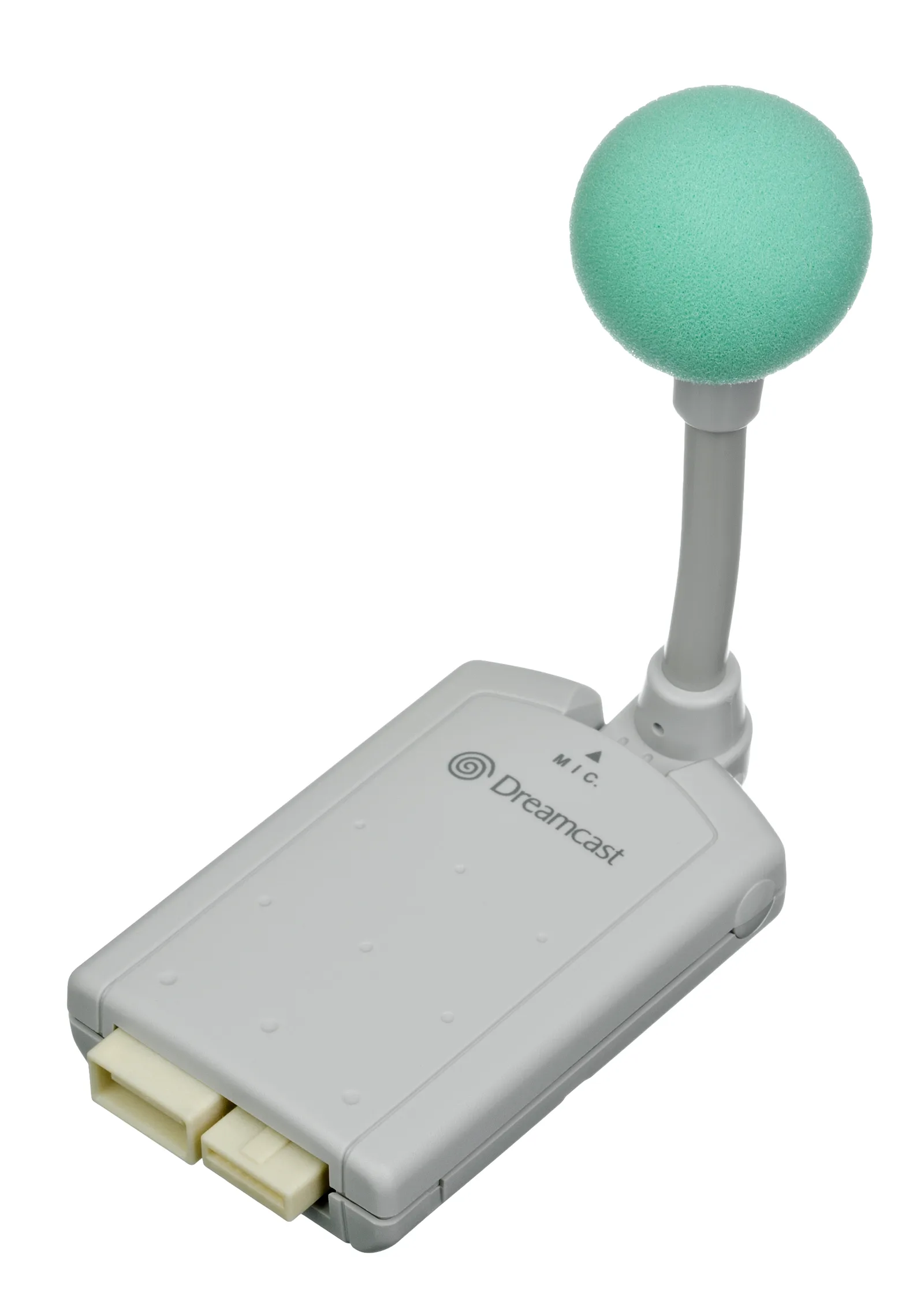 Gray Dreamcast microphone unit with a green foam ball on a flexible neck