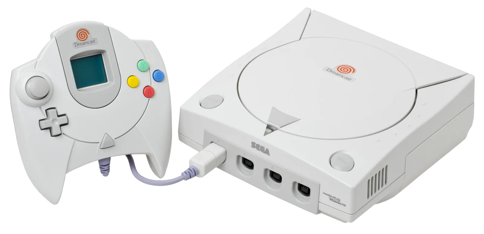 A white North American Sega Dreamcast console with its controller and memory unit attached.