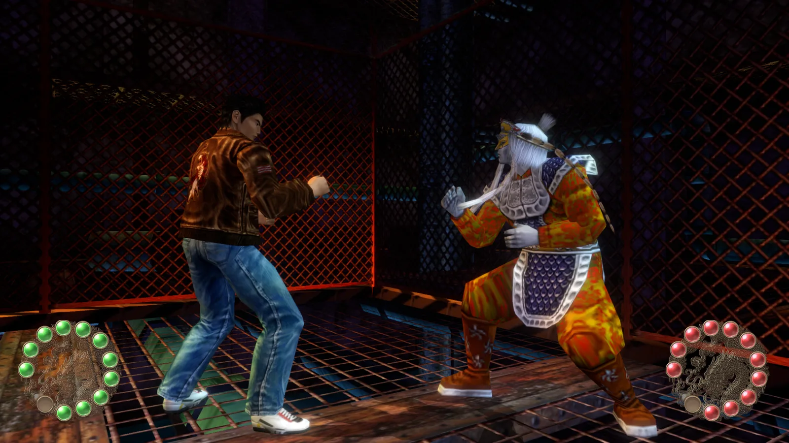 Ryo Hazuki squares up against an opponent in a mask and orange armor inside a caged metal arena.