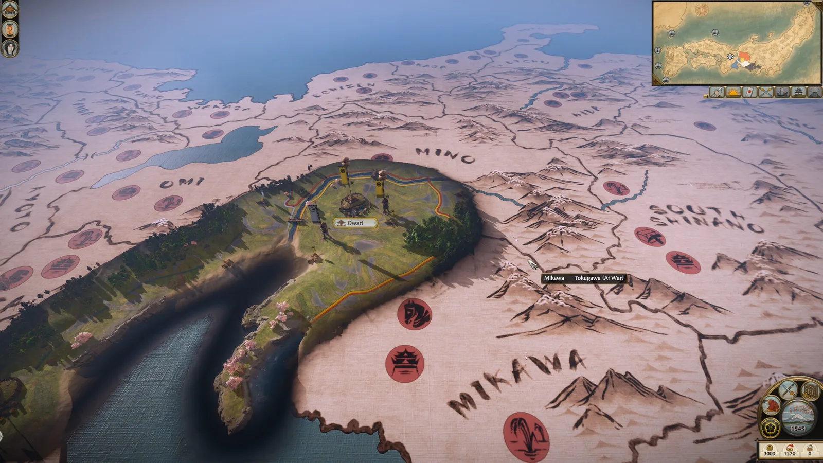 The painted campaign map of Japan zoomed in on Owari province, with Mino, Omi and Mikawa around it