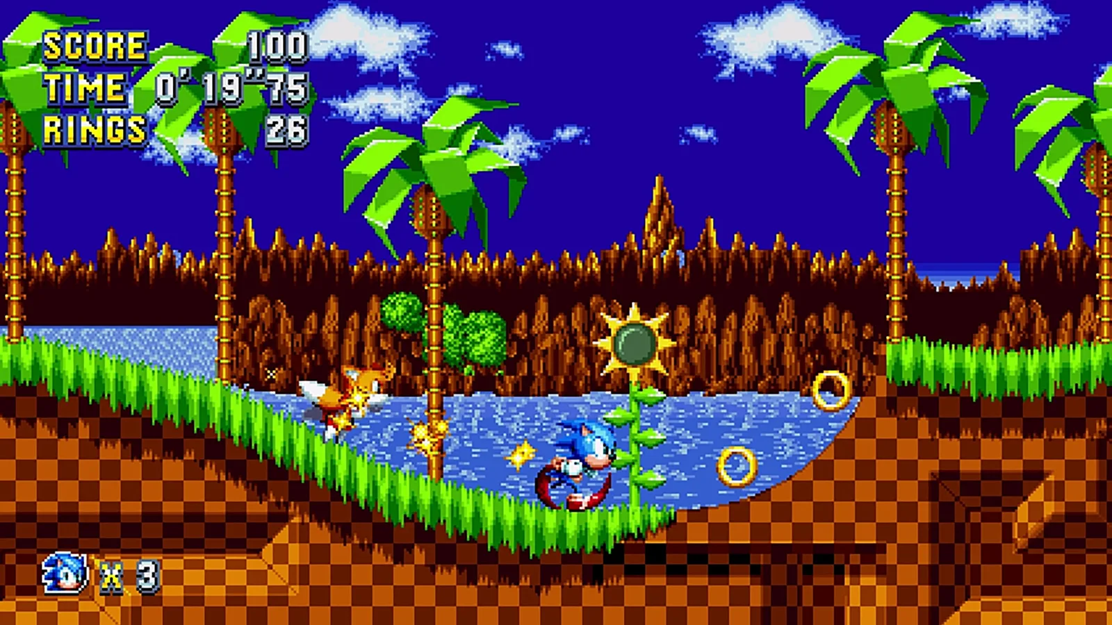 Sonic running along a checkered Green Hill-style slope with Tails behind him, rings ahead, in pixel art