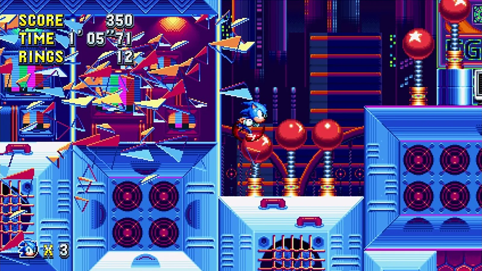 Sonic bouncing off red spheres in a blue and purple pixel-art zone full of speakers and shattering glass