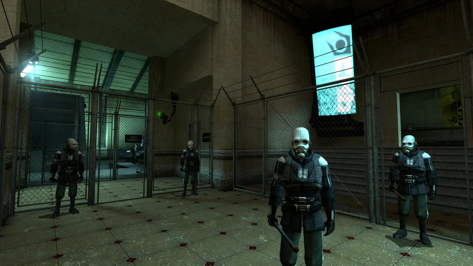 Combine soldiers in gas masks stand guard behind chain-link fences in a concrete checkpoint in Half-Life 2