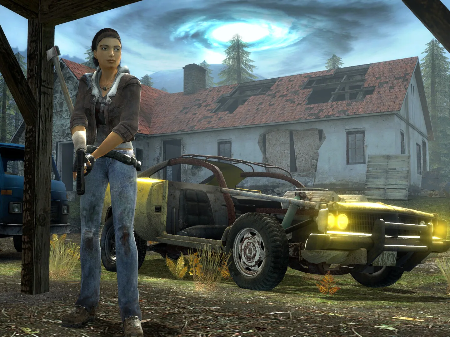 Alyx Vance holding a pistol beside a yellow buggy in front of a ruined farmhouse under a swirling blue sky