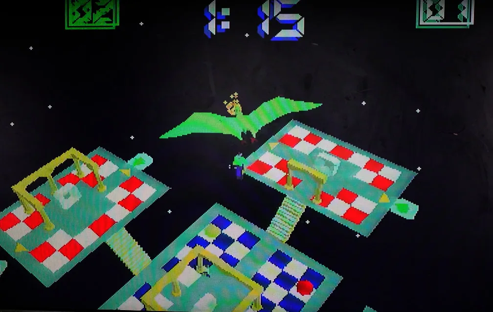 Flat-shaded Dactyl Nightmare scene: a green pterodactyl flies over floating checkerboard platforms in black space.