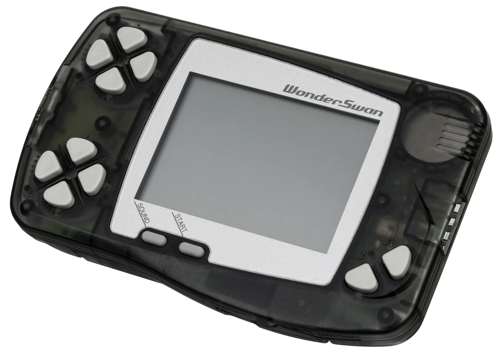 The original monochrome WonderSwan handheld seen from the left, in black, against a plain background